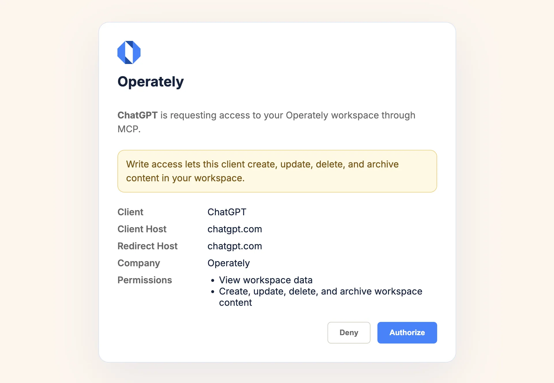 Screenshot: Authorization screen for an MCP client